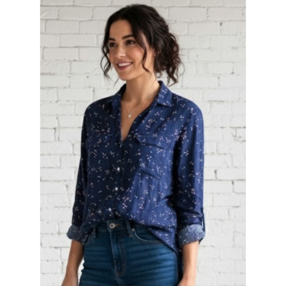 Gap Factory Vneck Button front Hi low Hem Blouse Navy Polka Dot Size XS